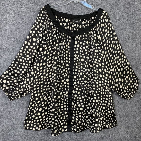 Avenue Black White Polka Dot Top Women 26/28 Button Up Scoop Neck - Picture 1 of 12